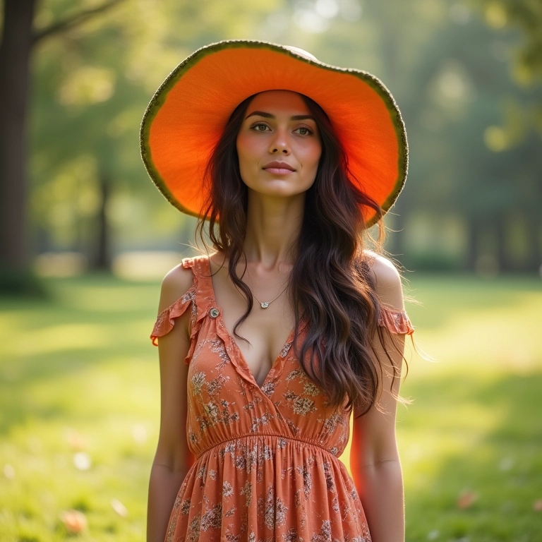 Mulher boho com vestido fluido e chapéu melon em parque ensolarado.