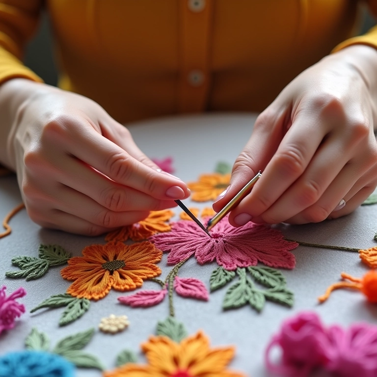 Mulher bordando ponto cruz em tecido etamine com linhas coloridas.