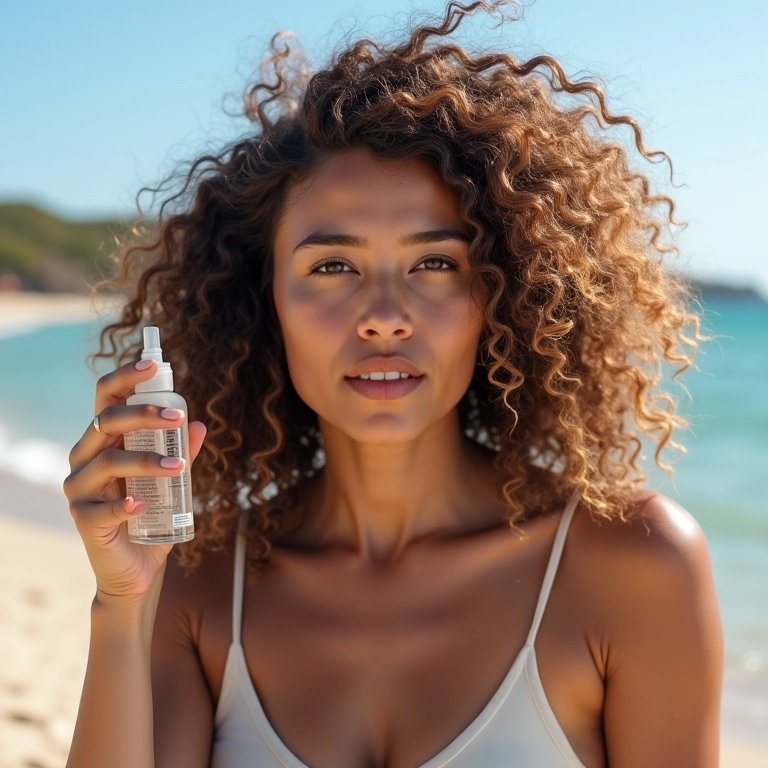 Mulher borrifando água termal no cabelo.