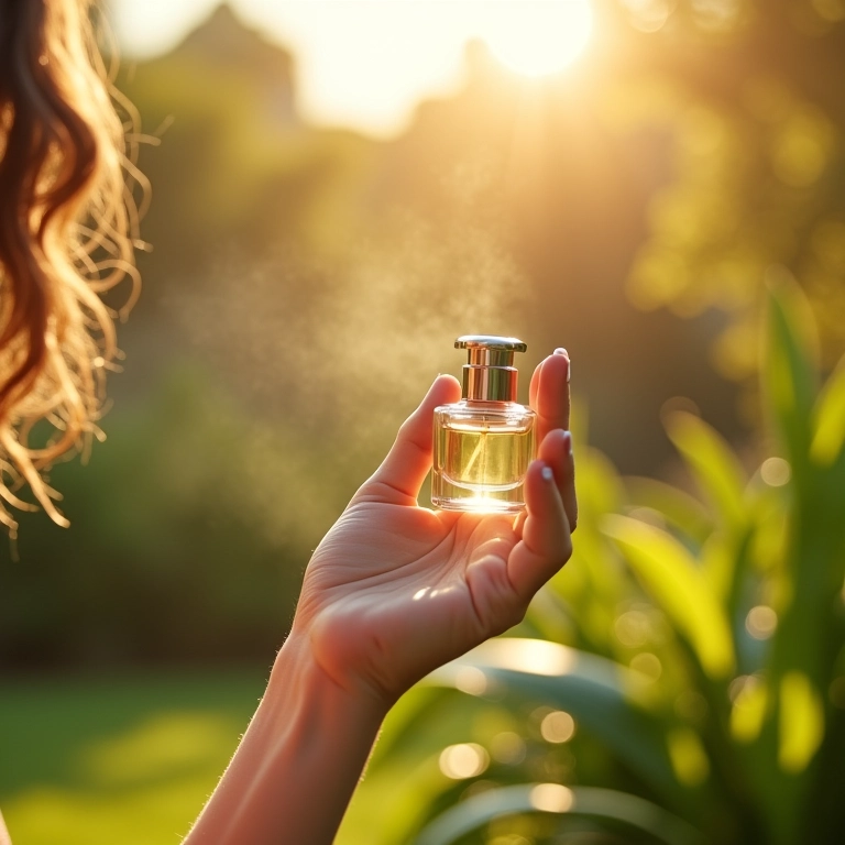 Mulher borrifando perfume aromático em jardim ensolarado.