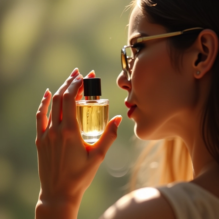 Mulher borrifando perfume de baunilha, frasco em foco suave.