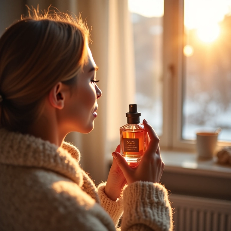 Mulher borrifando perfume em quarto ensolarado, roupas de inverno aconchegantes.