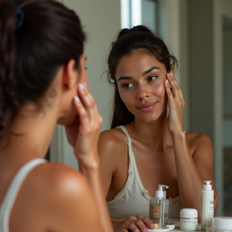 Mulher brasileira analisando a pele no espelho, cercada por produtos de beleza.