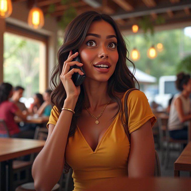 Mulher brasileira animada conversando ao telefone em um café movimentado, gesticulando com entusiasmo.
