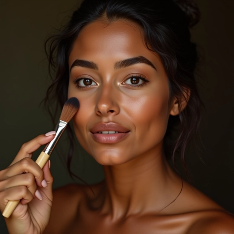 Mulher brasileira aplicando base de cobertura média a alta com pincel.