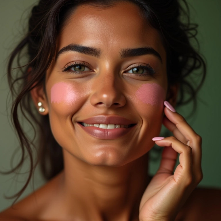Mulher brasileira aplicando blush nas bochechas, adicionando cor e definição.