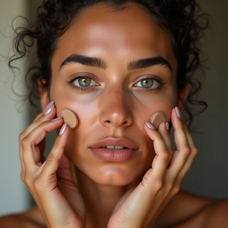 Mulher brasileira aplicando corretivo nas olheiras e manchas.