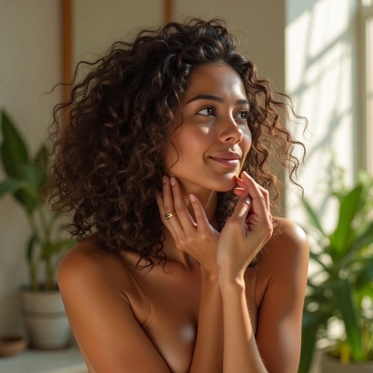 Mulher brasileira aplicando creme para cabelos ondulados em banheiro vibrante.