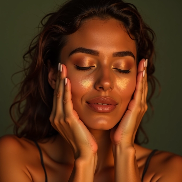 Mulher brasileira aplicando iluminador nas maçãs do rosto para destacar.