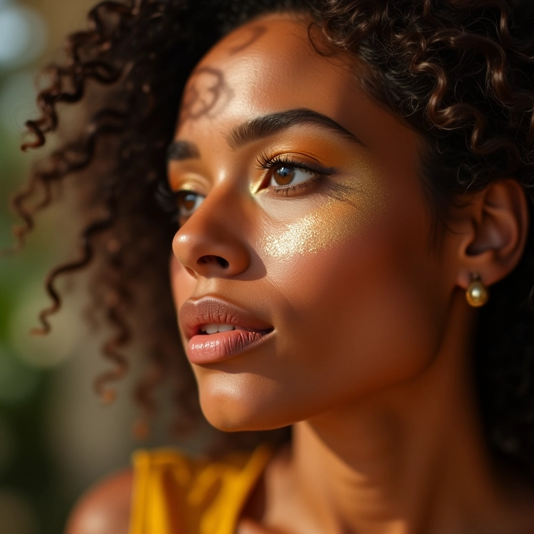 Mulher brasileira aplicando iluminador no rosto.