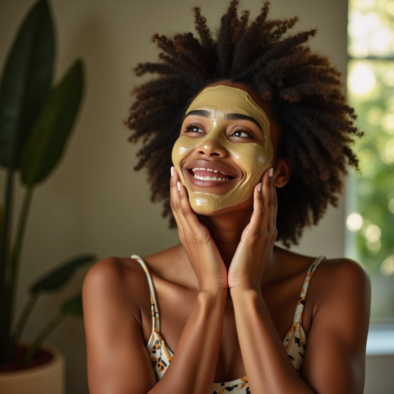 Mulher brasileira aplicando máscara capilar caseira para hidratação.