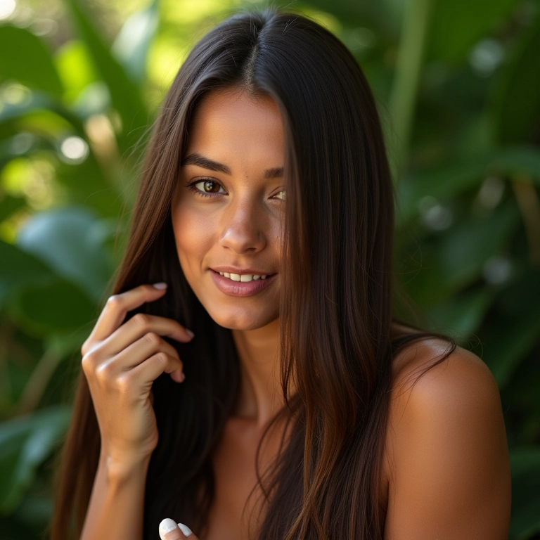 Mulher brasileira aplicando óleo de rícino no cabelo para crescimento forte.