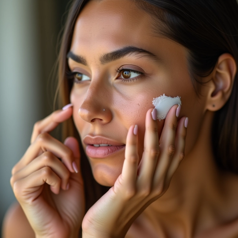 Mulher brasileira aplicando primer matificante no rosto antes da maquiagem.