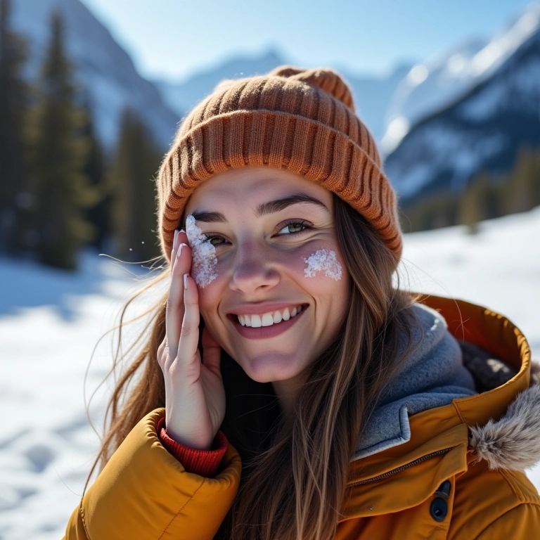 Mulher brasileira aplicando protetor solar e labial em dia ensolarado em Banff.