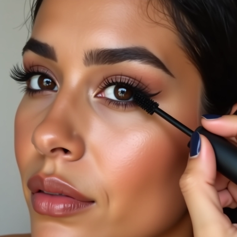 Mulher brasileira aplicando rímel em cílios curtos, mostrando o resultado de alongamento e volume.