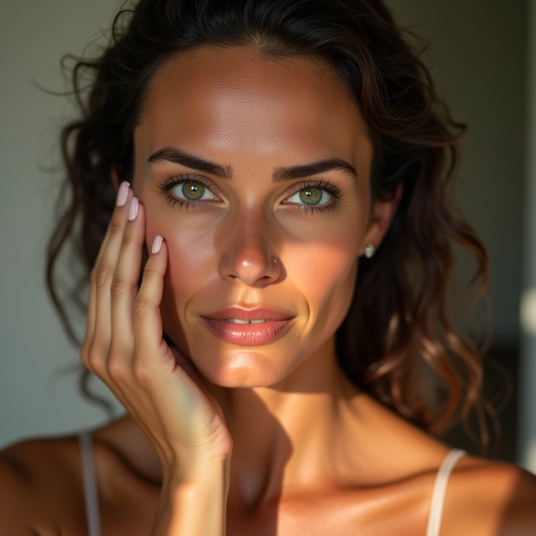 Mulher brasileira aplicando sérum Matrixyl (Palmitoyl Pentapeptide-4) no rosto em ambiente iluminado.