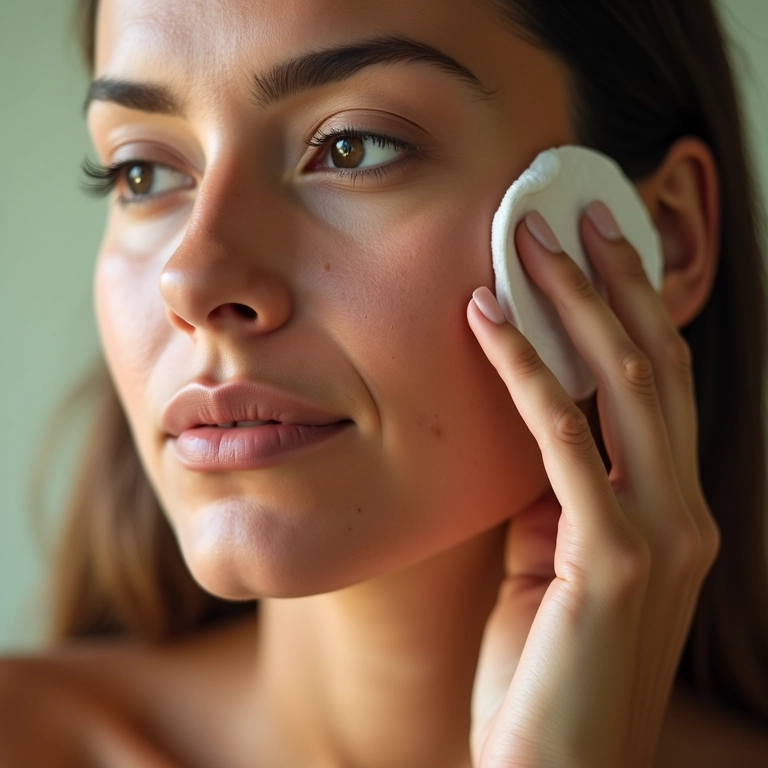Mulher brasileira aplicando tônico adstringente no rosto com algodão.