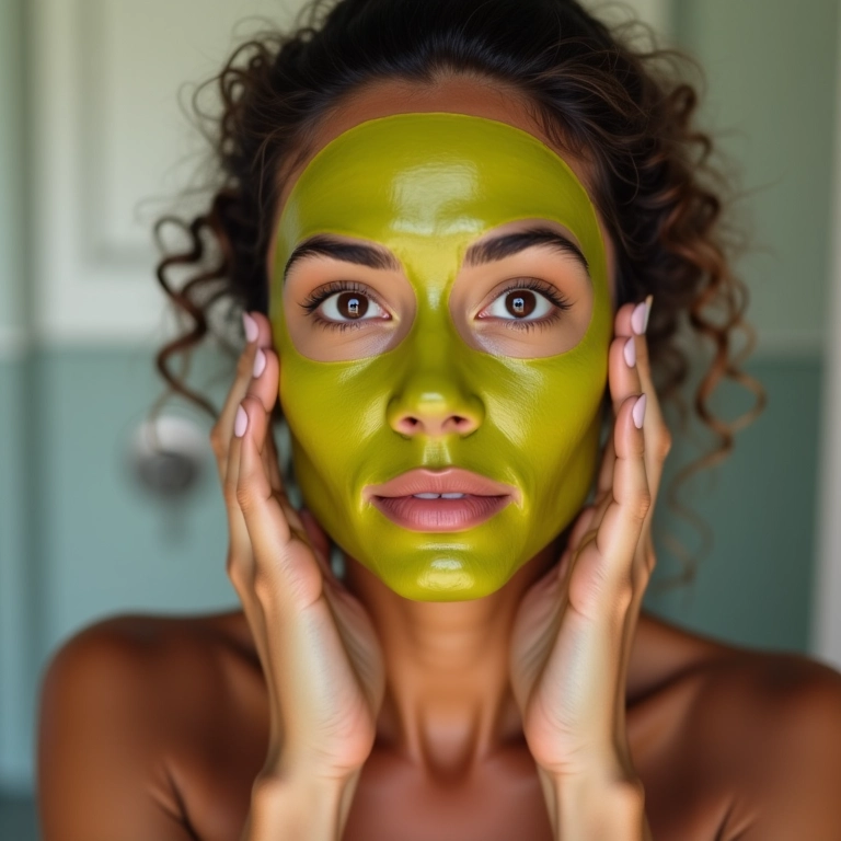 Mulher brasileira aplicando uma máscara caseira de abacate e mel no cabelo.