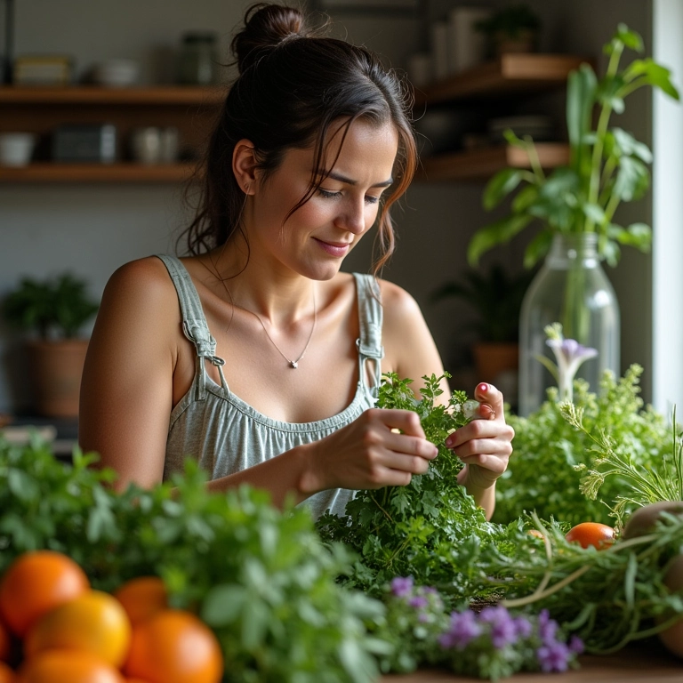 Mulher brasileira apreciando ingredientes naturais em sua cozinha.