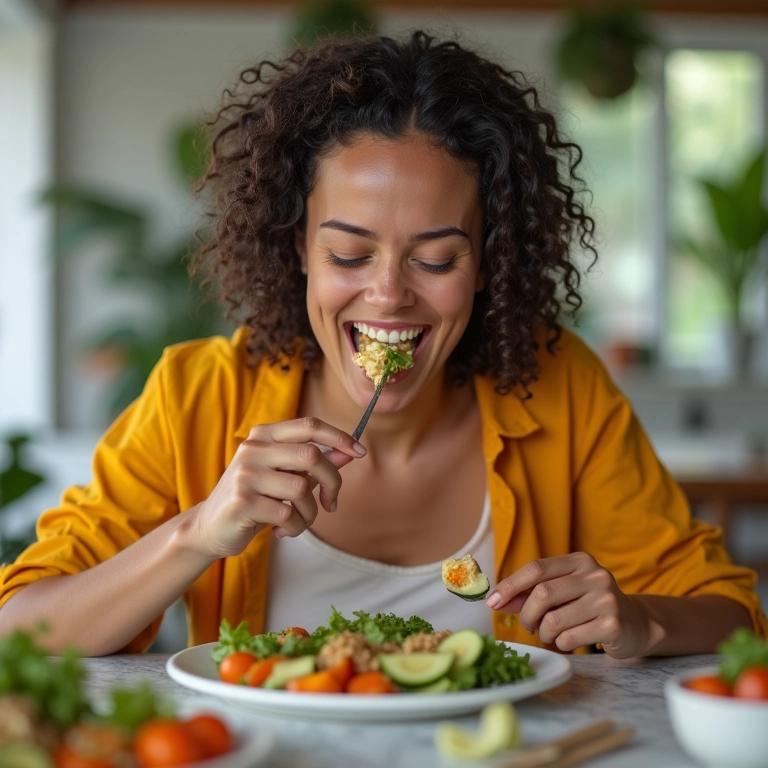 Mulher brasileira apreciando uma refeição saudável, foco na comida nutritiva.