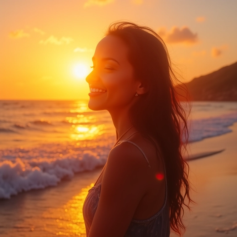 Mulher brasileira aproveitando o pôr do sol em praia catarinense.