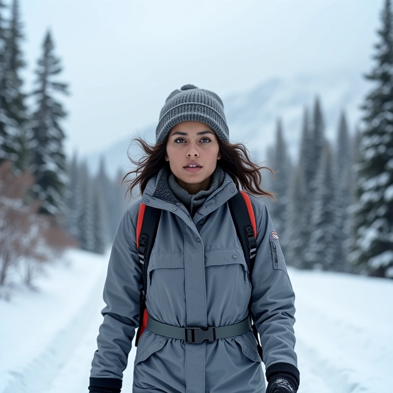 Mulher brasileira aventureira explorando a paisagem nevada do Canadá com equipamentos de inverno.