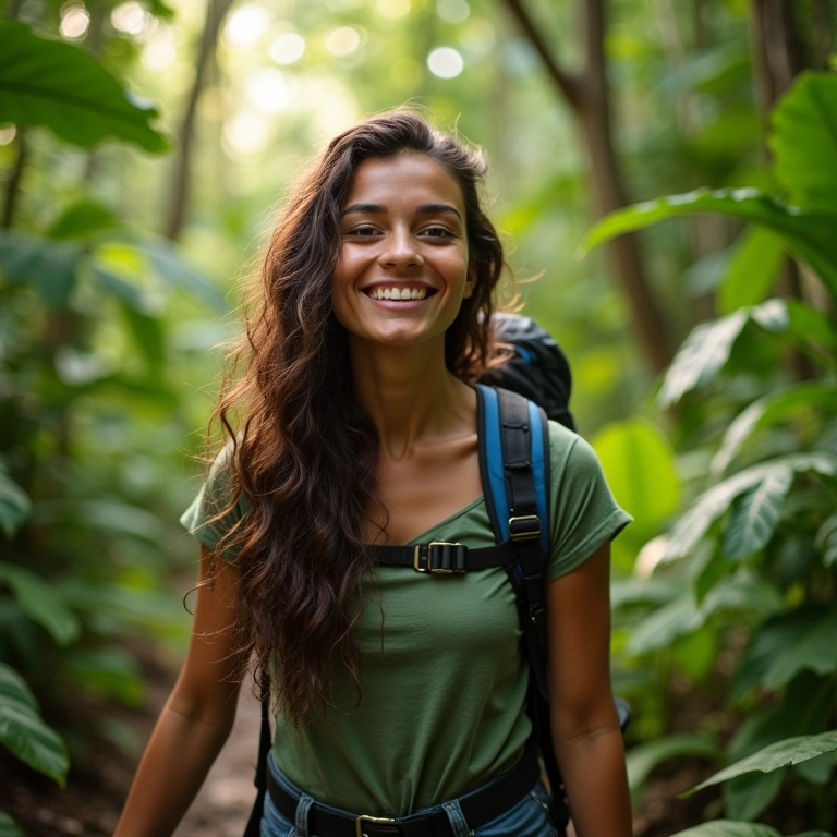 Mulher brasileira aventureira mochilando em uma floresta tropical exuberante, sorrindo para a câmera.