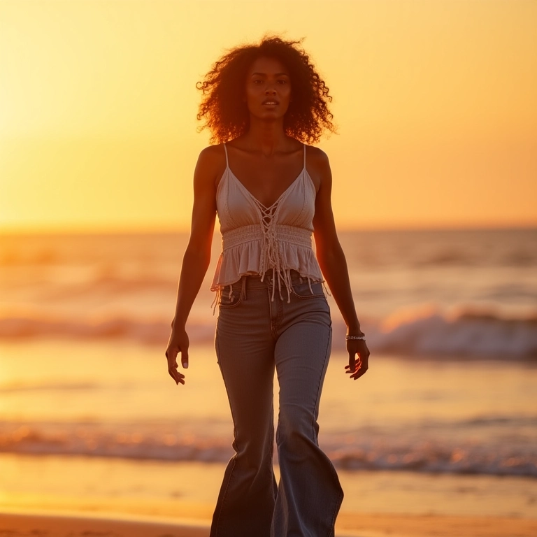 Mulher brasileira caminhando na praia ao pôr do sol com top boho e calça flare.