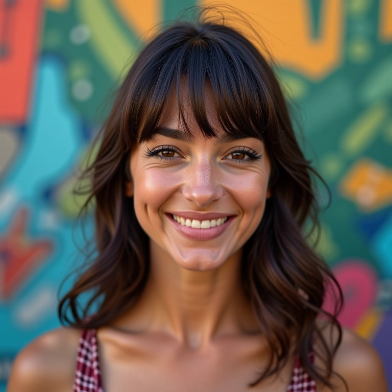 Mulher brasileira charmosa com franja lateral em frente a grafite colorido.