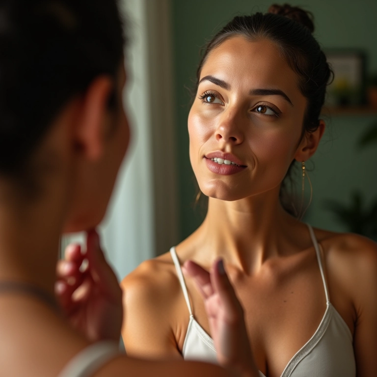 Mulher brasileira checando a elasticidade da pele no espelho.