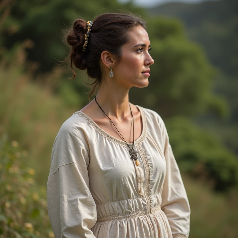 Mulher brasileira colonial vestindo roupas modestas influenciadas pela moda portuguesa, com um vestido de algodão simples e adornos mínimos.