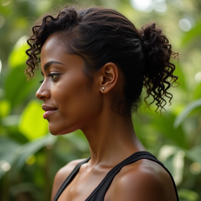 Mulher brasileira com cabelo cacheado curto em um meio coque (half bun) despojado.