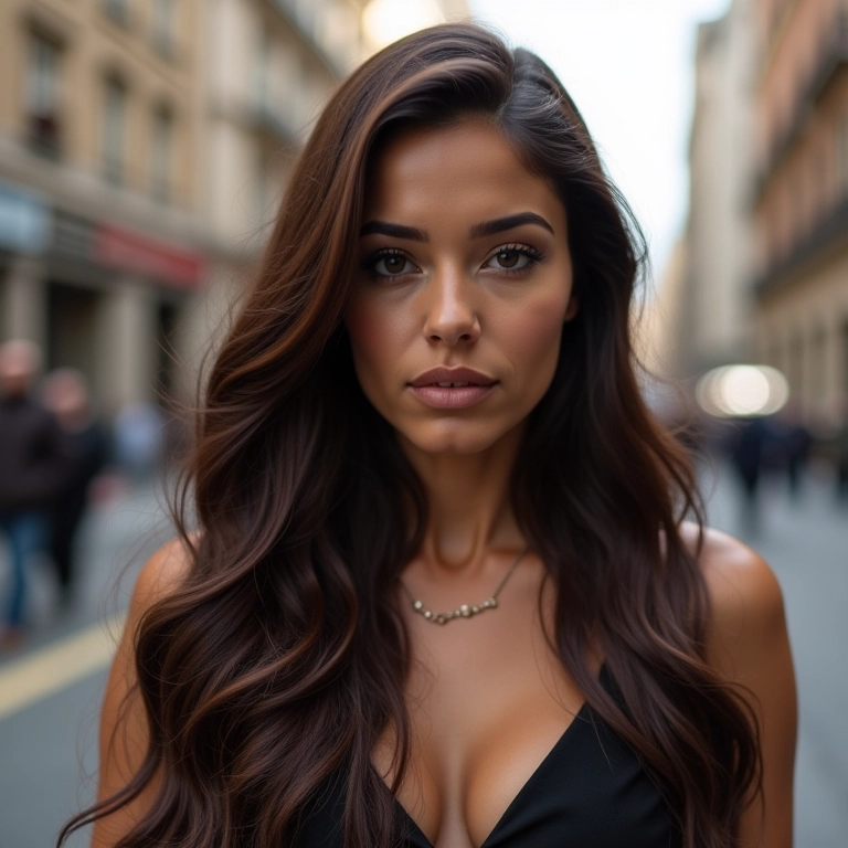 Mulher brasileira com cabelo castanho longo e elegante.