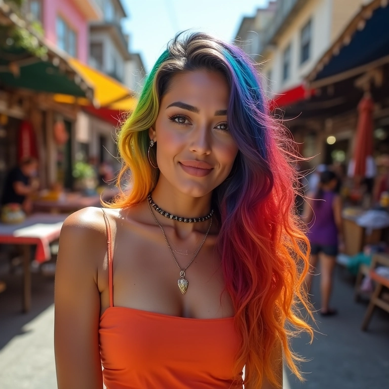 Mulher brasileira com cabelo color block vibrante em um mercado de rua em Salvador.