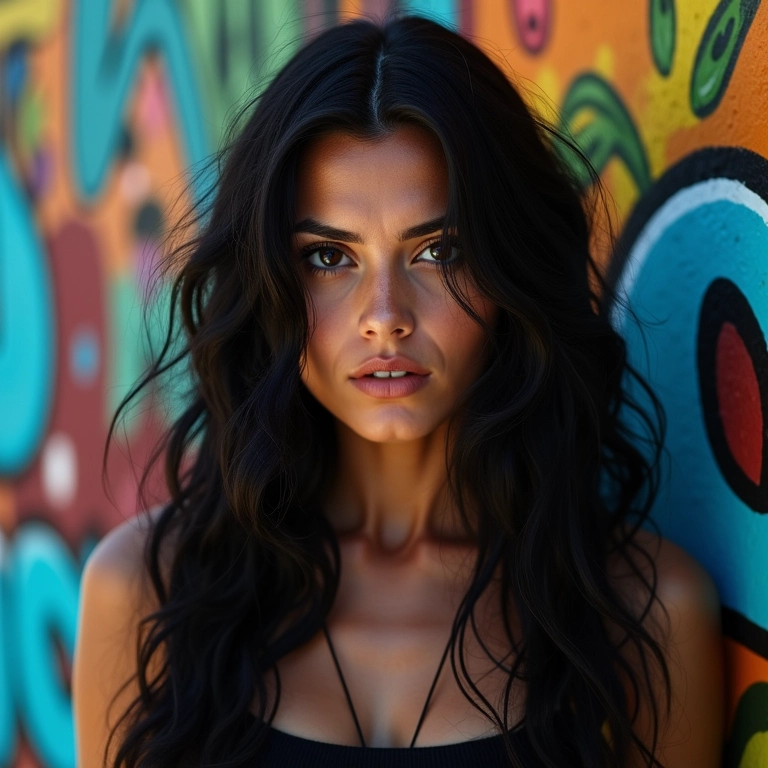 Mulher brasileira com cabelo preto ônix em frente a um grafite vibrante no Rio.