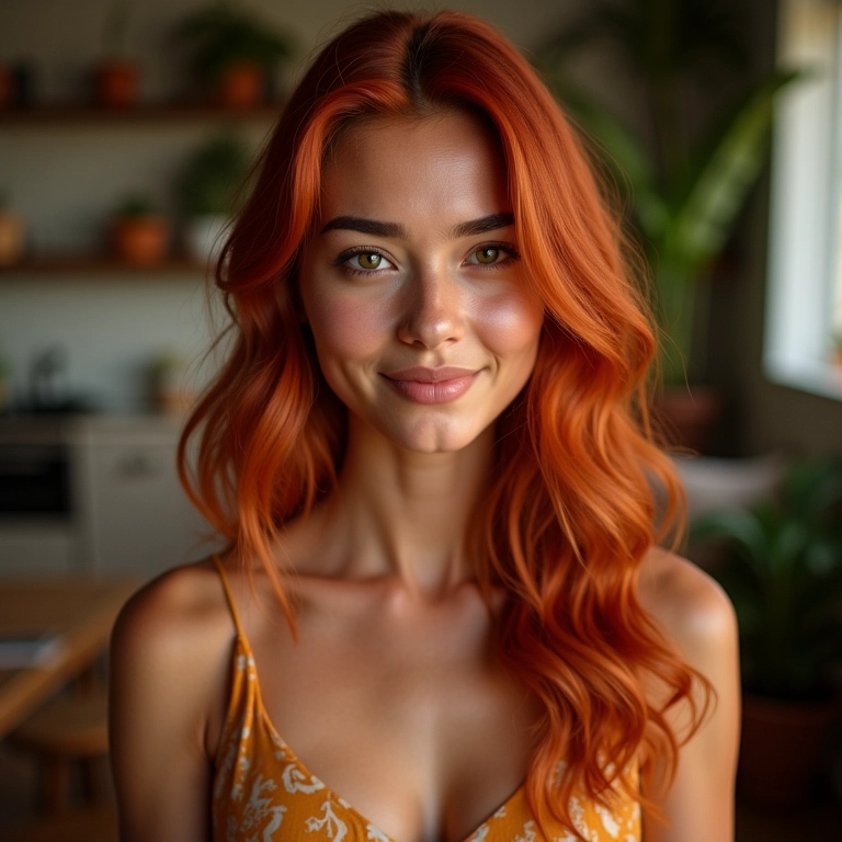 Mulher brasileira com cabelo ruivo acobreado em apartamento aconchegante.