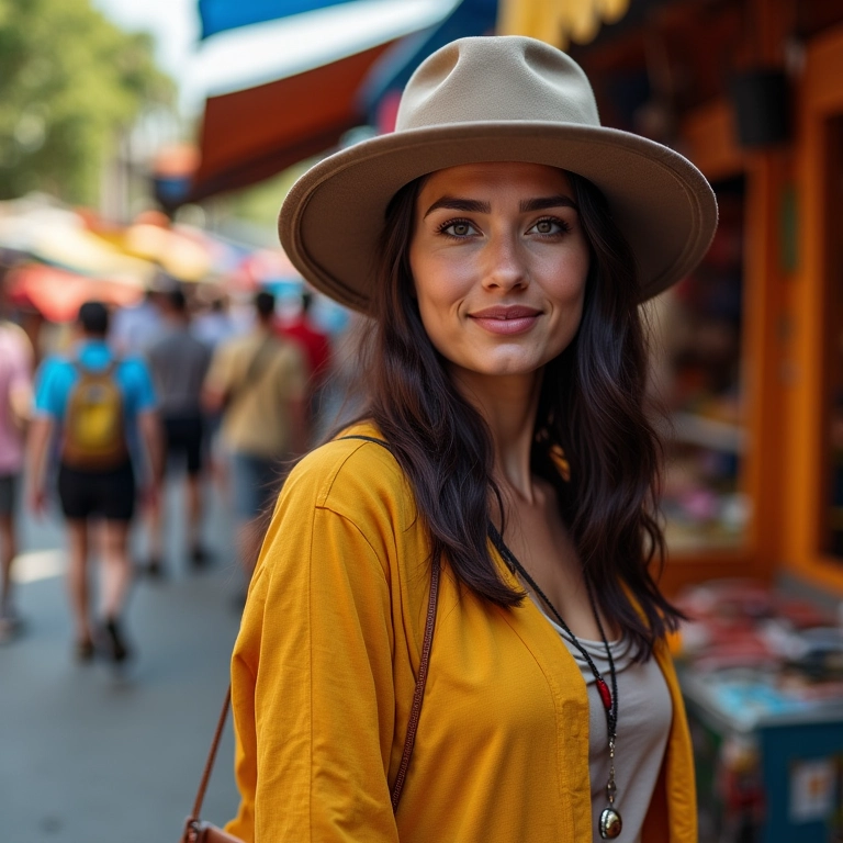 Mulher brasileira com chapéu bowler em mercado de rua vibrante e colorido.