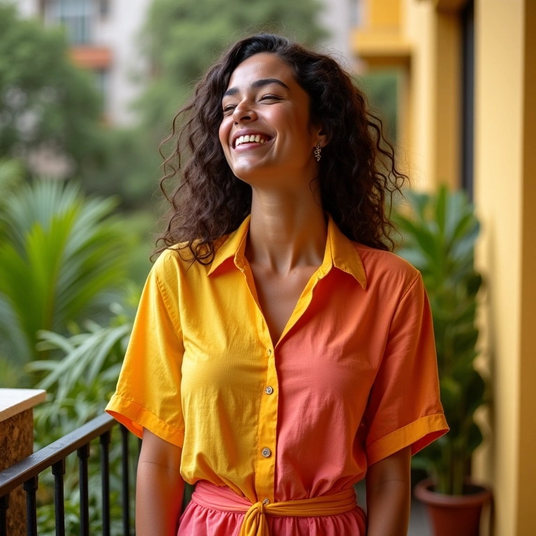Mulher brasileira com conjunto de linho colorido em varanda ensolarada.