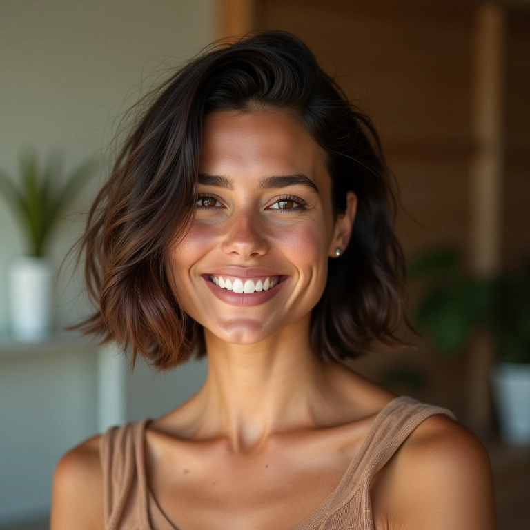 Mulher brasileira com corte de cabelo bob em camadas para dar volume.