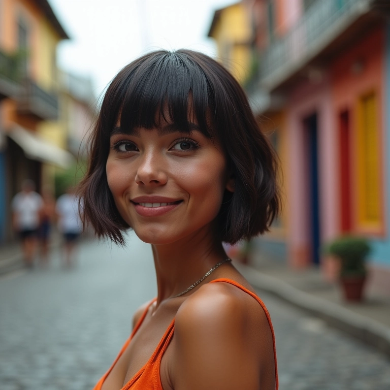 Mulher brasileira com corte de cabelo moderno e curto em camadas, fotografada em rua vibrante do Rio de Janeiro.
