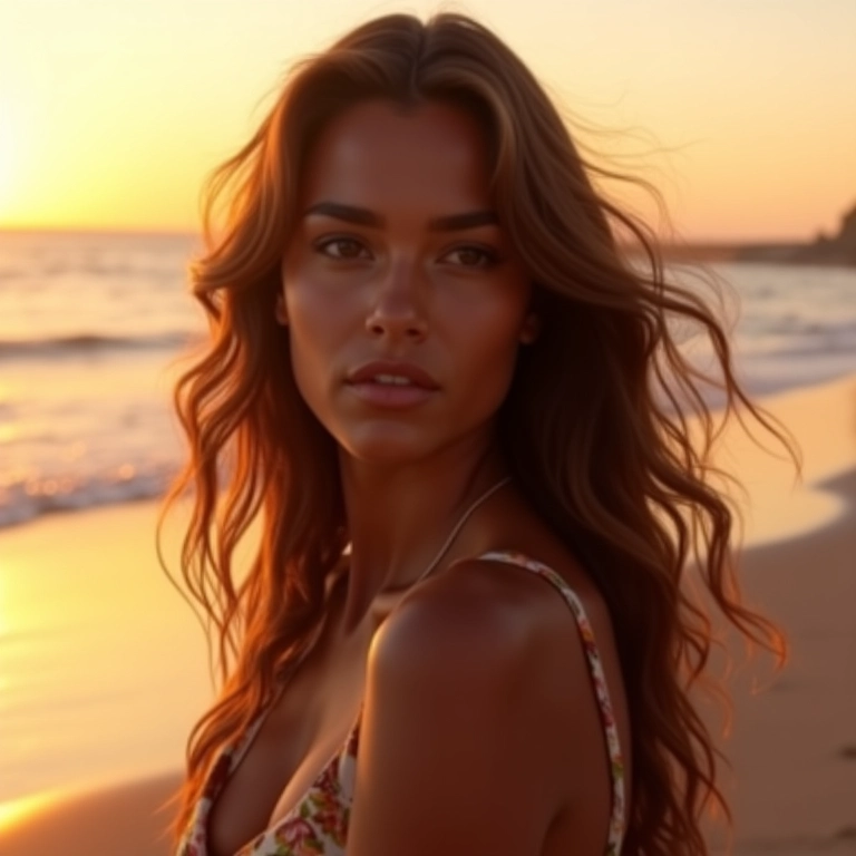 Mulher brasileira com corte em camadas e cabelos longos ao pôr do sol na praia.