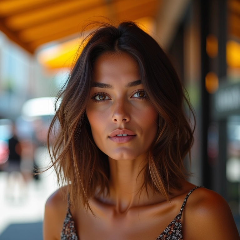 Mulher brasileira com corte long bob estiloso em café urbano moderno.