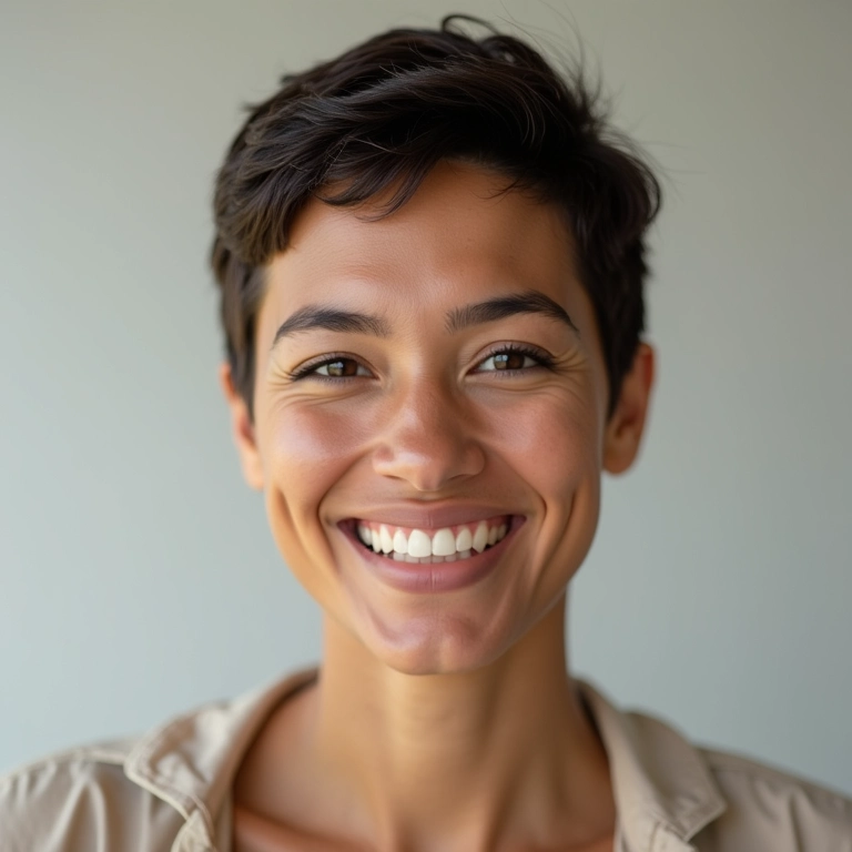 Mulher brasileira com corte pixie moderno, irradiando confiança e estilo.