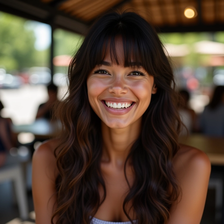 Mulher brasileira com franja desfiada e cabelo longo em ambiente externo.