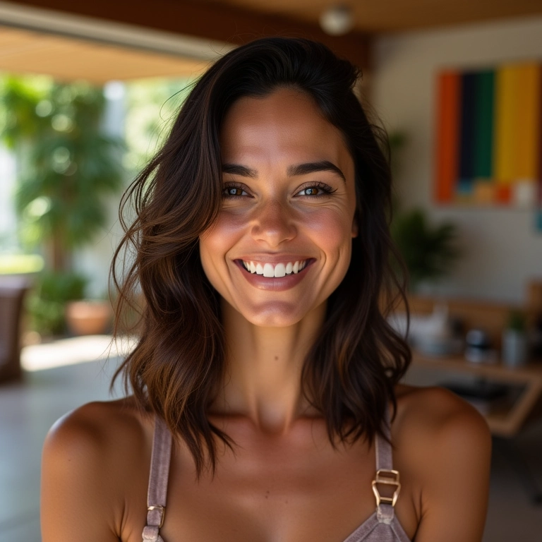 Mulher brasileira com long bob assimétrico e sorriso radiante.