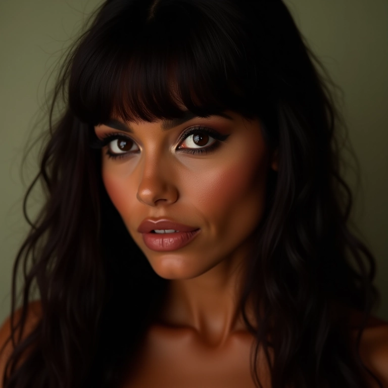 Mulher brasileira com micro franja e cabelo longo em ambiente artístico.