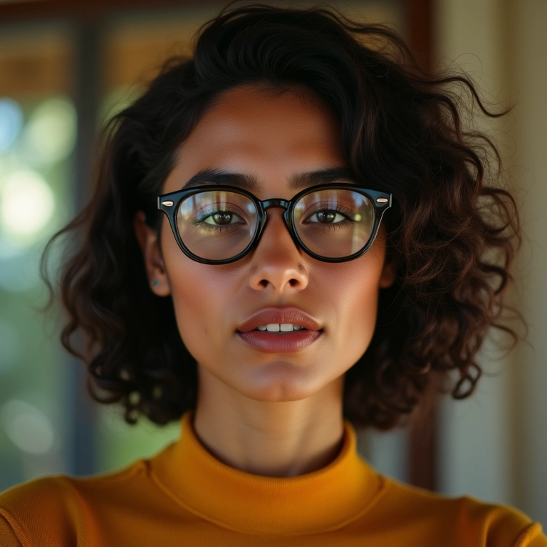 Mulher brasileira com óculos de armação redonda, charme retrô.
