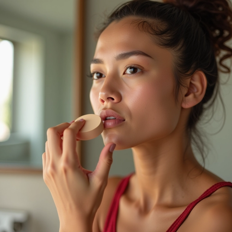 Mulher brasileira com pele oleosa aplicando base matte.