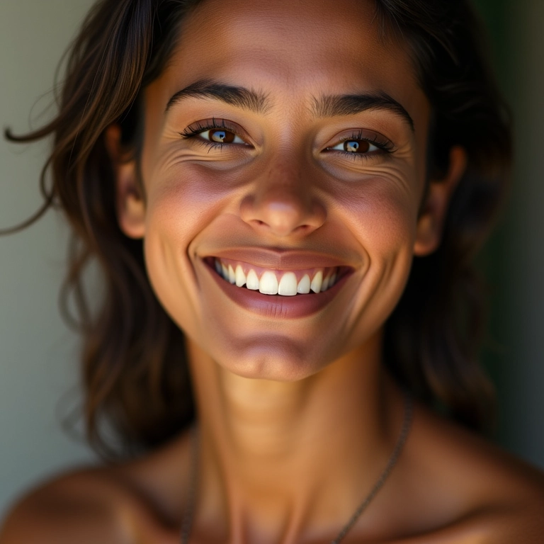 Mulher brasileira com pele radiante, sorrindo com confiança e luz natural.
