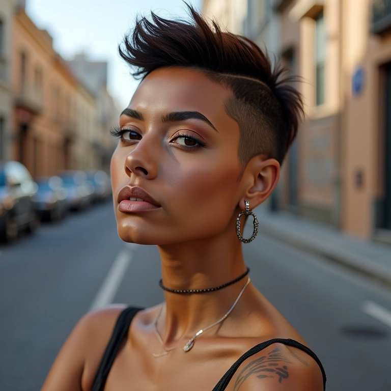 Mulher brasileira com pixie assimétrico exalando ousadia.